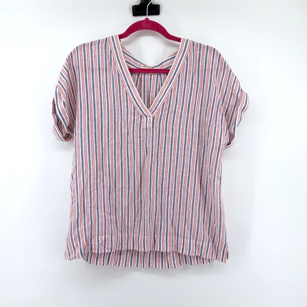 Marine Layer Blouse Striped XL Red White Blue Womens Linen Blend V-Neck Top